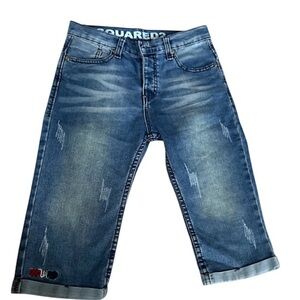 DSQUARED2 Distressed Cuffed Denim Jean Shorts Jorts Embroidered Logo Blue 10-12
